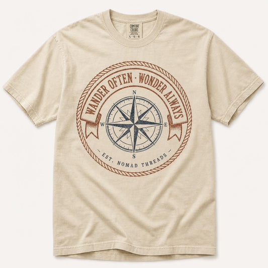 Wander Often Wonder Always tee in sandstone